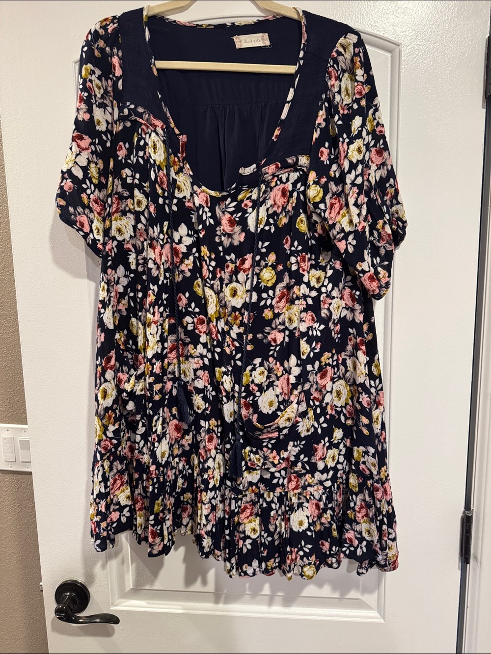 Altar'd State Navy Floral Scoop-Neck Tunic with Pink & Yellow Blooms